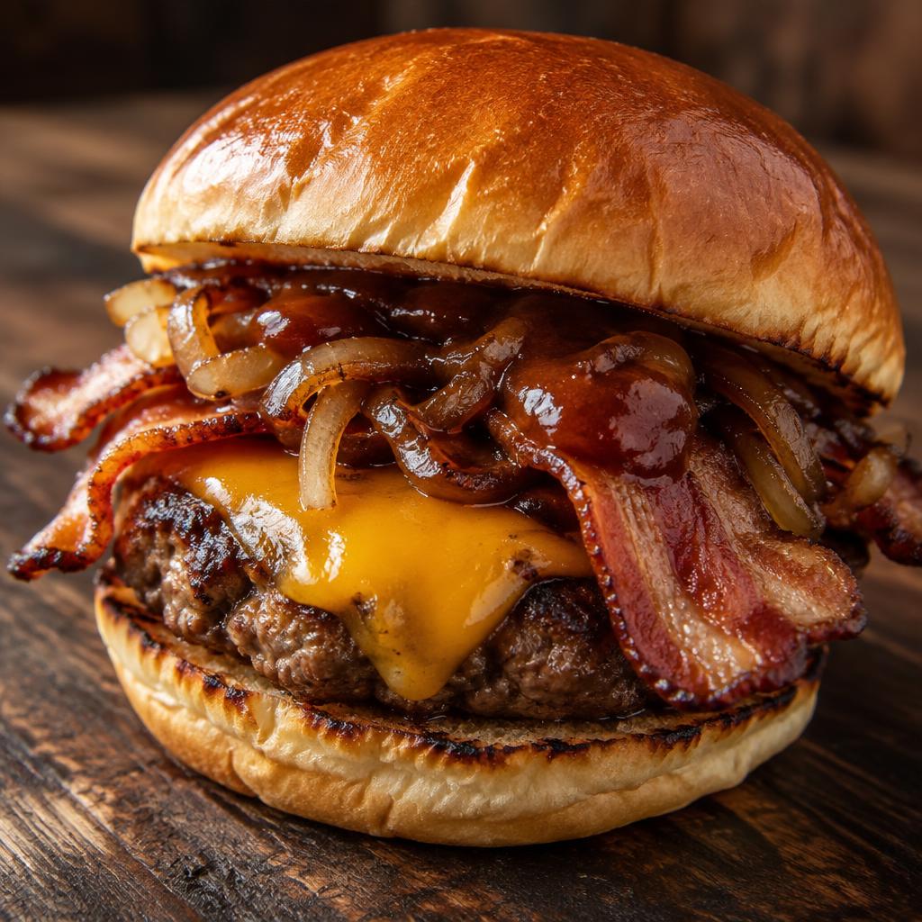 Bacon BBQ : pain brioché, steak de bœuf grillé, cheddar, bacon croustillant, oignons caramélisés, sauce barbecue