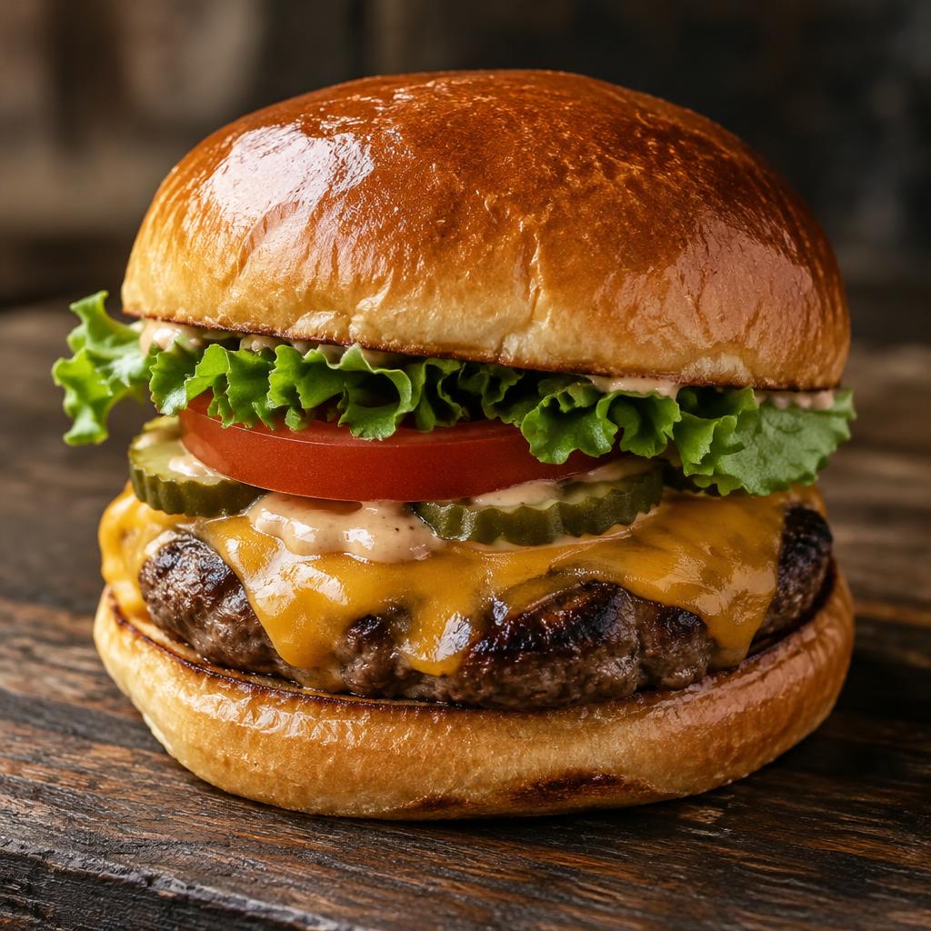 Cheeseburger : pain brioché, steak de bœuf grillé, cheddar, laitue, tomate, cornichons, sauce maison