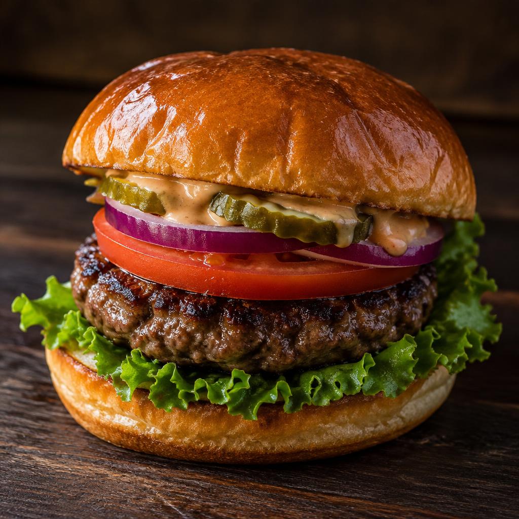 Classic Burger : pain brioché, steak de bœuf grillé, laitue, tomate, oignon rouge, cornichons, sauce maison
