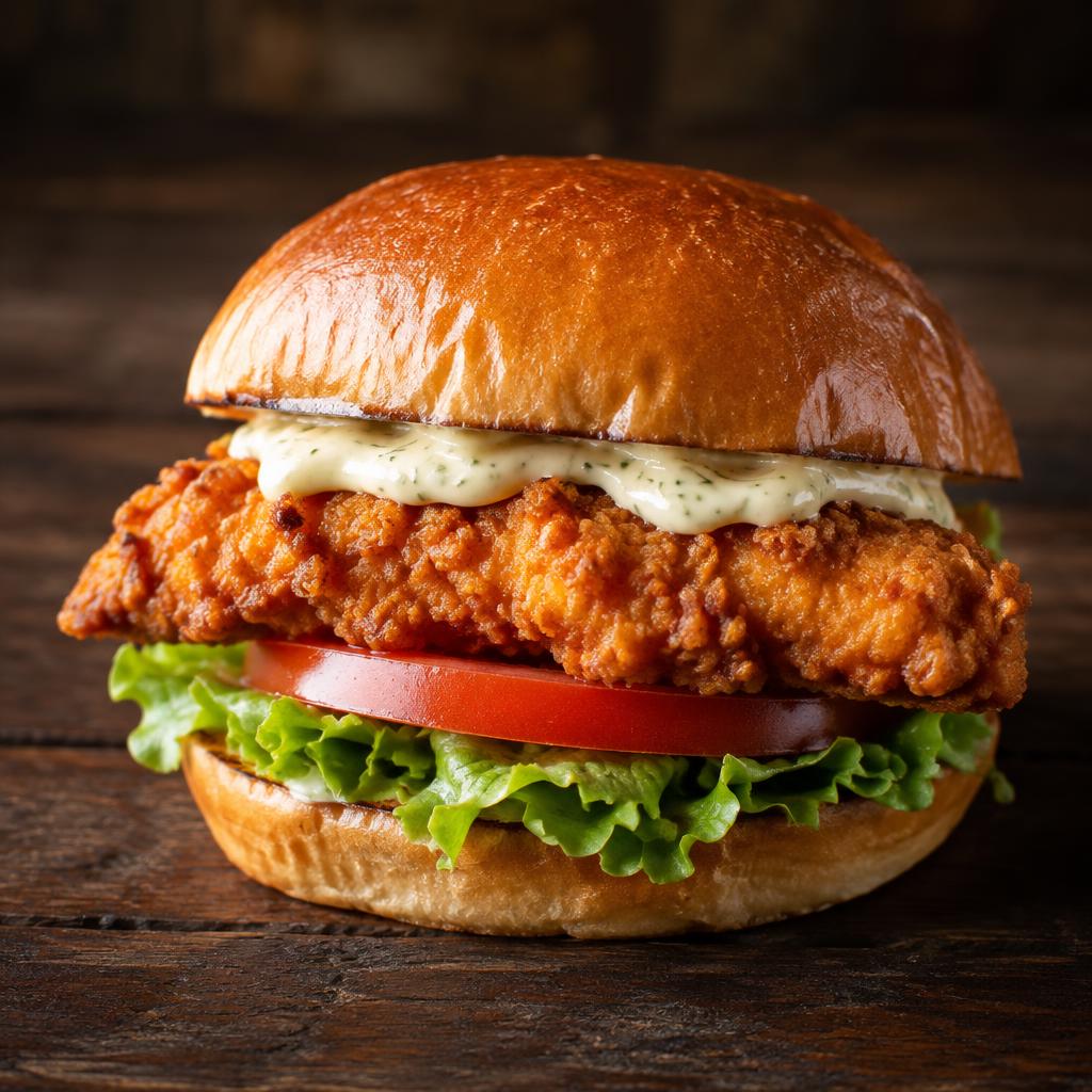 Crispy Chicken : pain brioché, filet de poulet pané croustillant, laitue, tomate, mayonnaise citronnée
