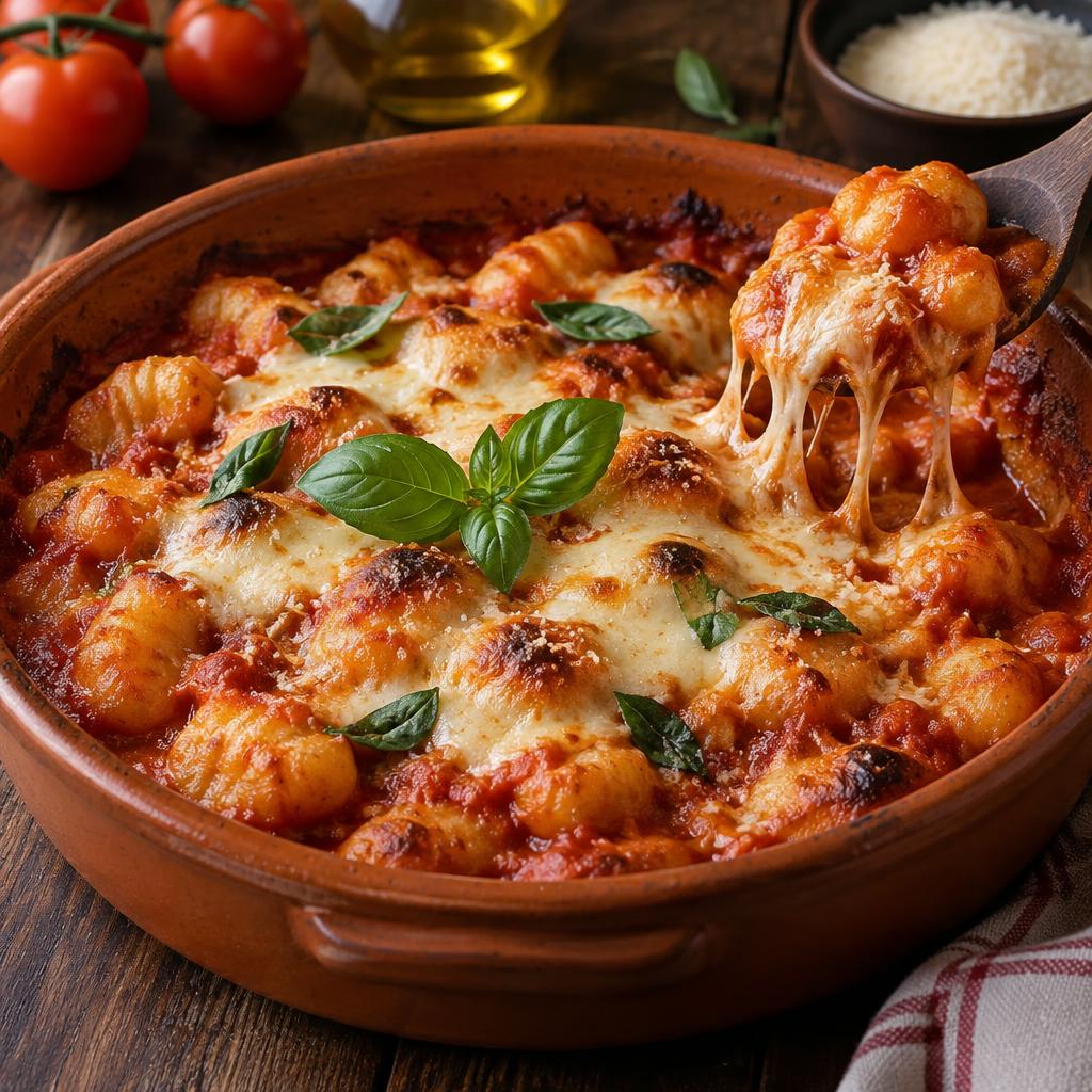 Gnocchi alla sorrentina : gnocchi de pomme de terre, sauce tomate, mozzarella fondue et gratinée, parmesan, basilic