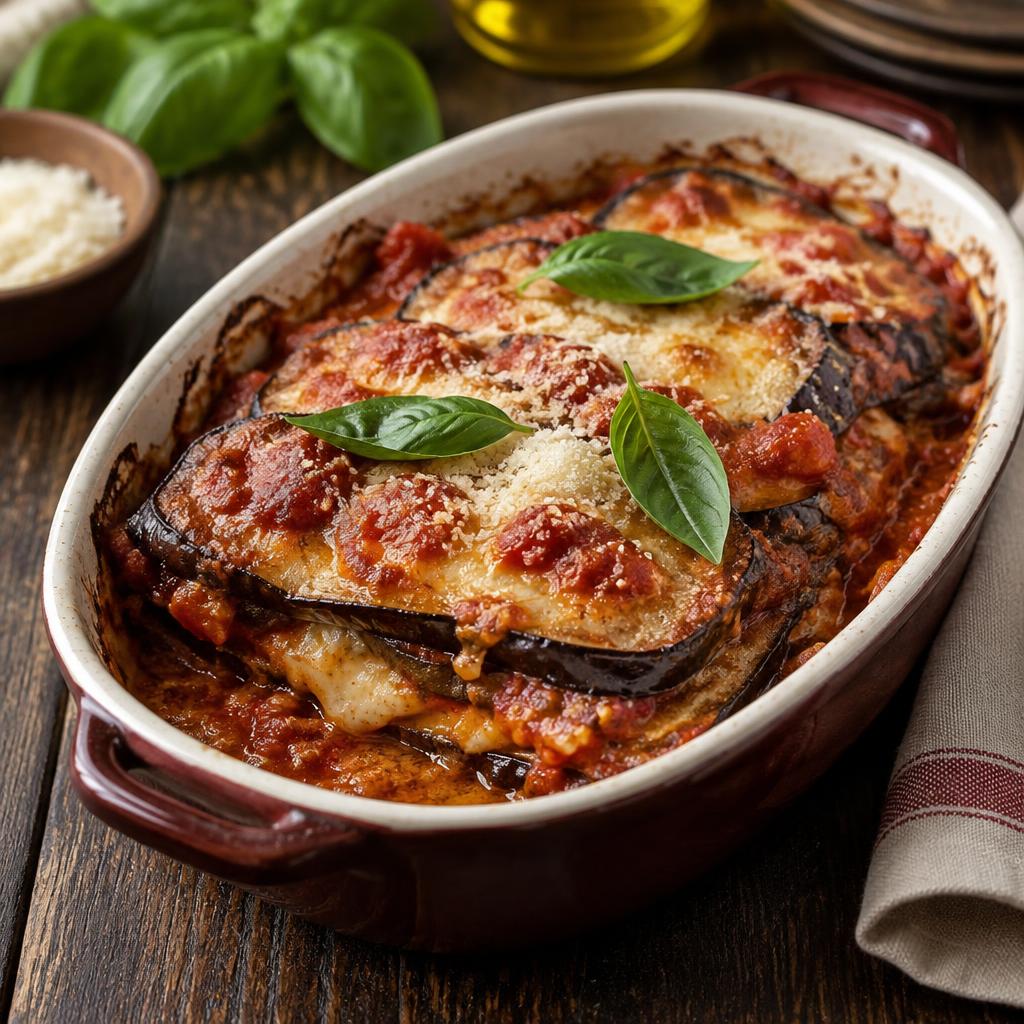 Parmigiana di melanzane : aubergines, sauce tomate, mozzarella, parmesan, basilic