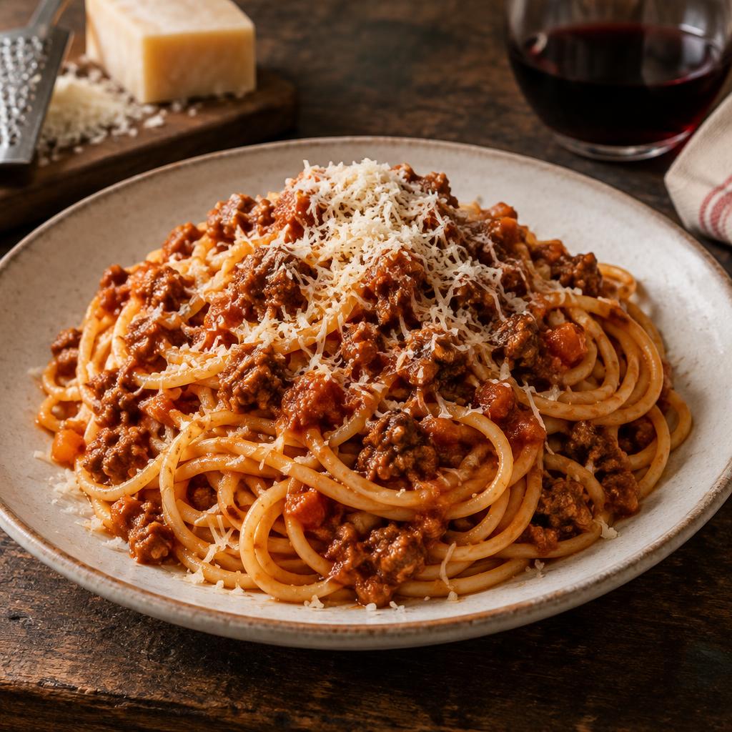 Spaghetti alla bolognese : ragù de bœuf mijoté, tomate, oignon, carotte, céleri, parmesan