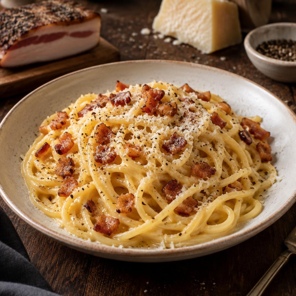 Spaghetti alla carbonara : guanciale, œufs, pecorino romano, poivre noir
