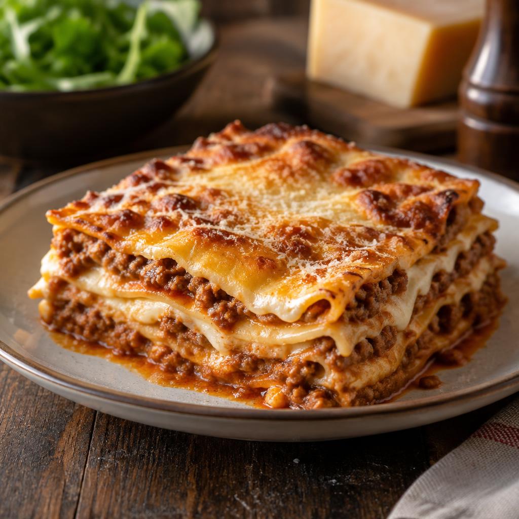 Lasagne alla bolognese : feuilles de lasagne, ragù de bœuf, tomate, béchamel, parmesan