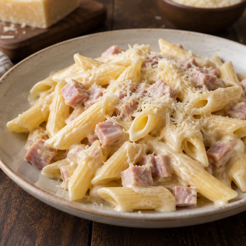 Penne panna e prosciutto : crème, jambon cuit, parmesan