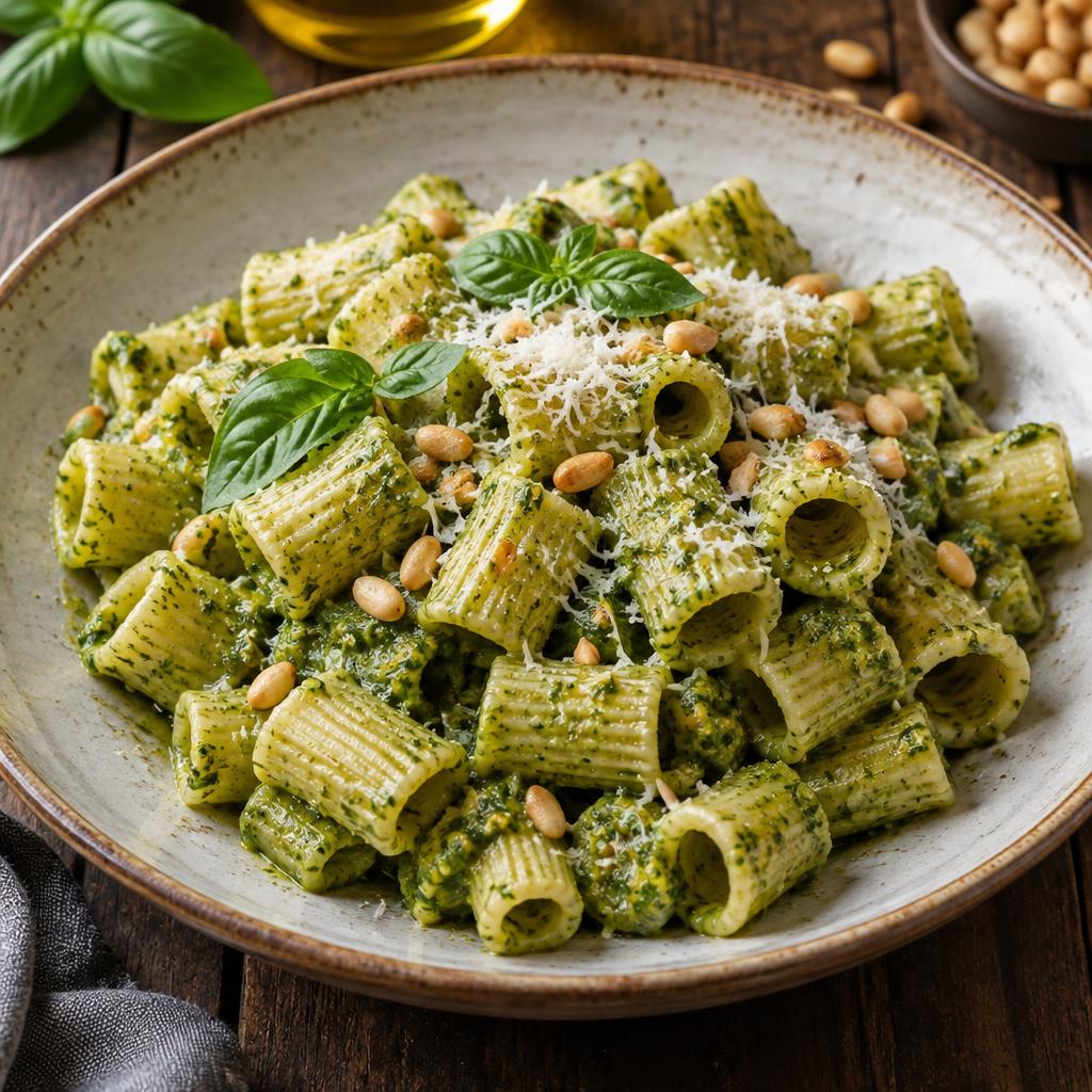 Mezze maniche al pesto : pesto de basilic, pignons, ail, parmesan, pecorino, huile d’olive