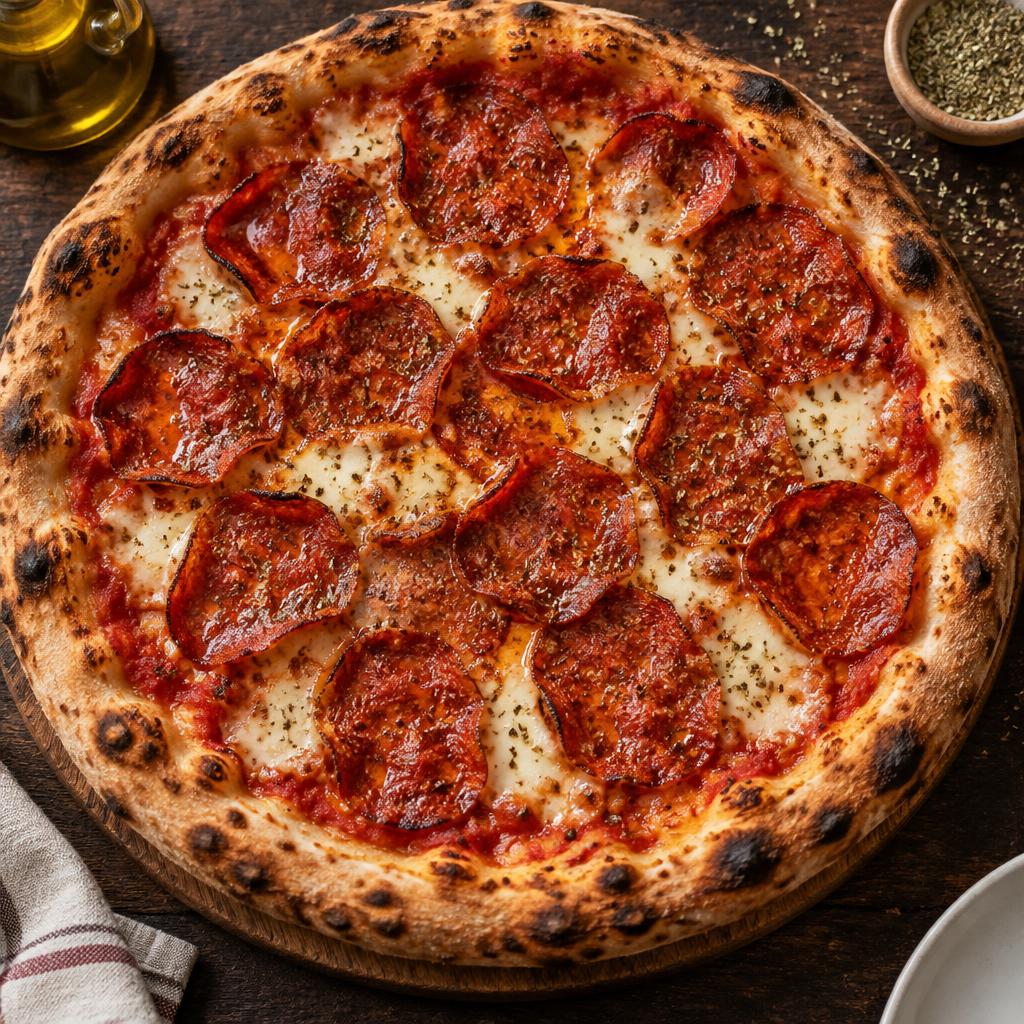 Pizza Calabrese : tomates, mozzarella, salami piquant, origan