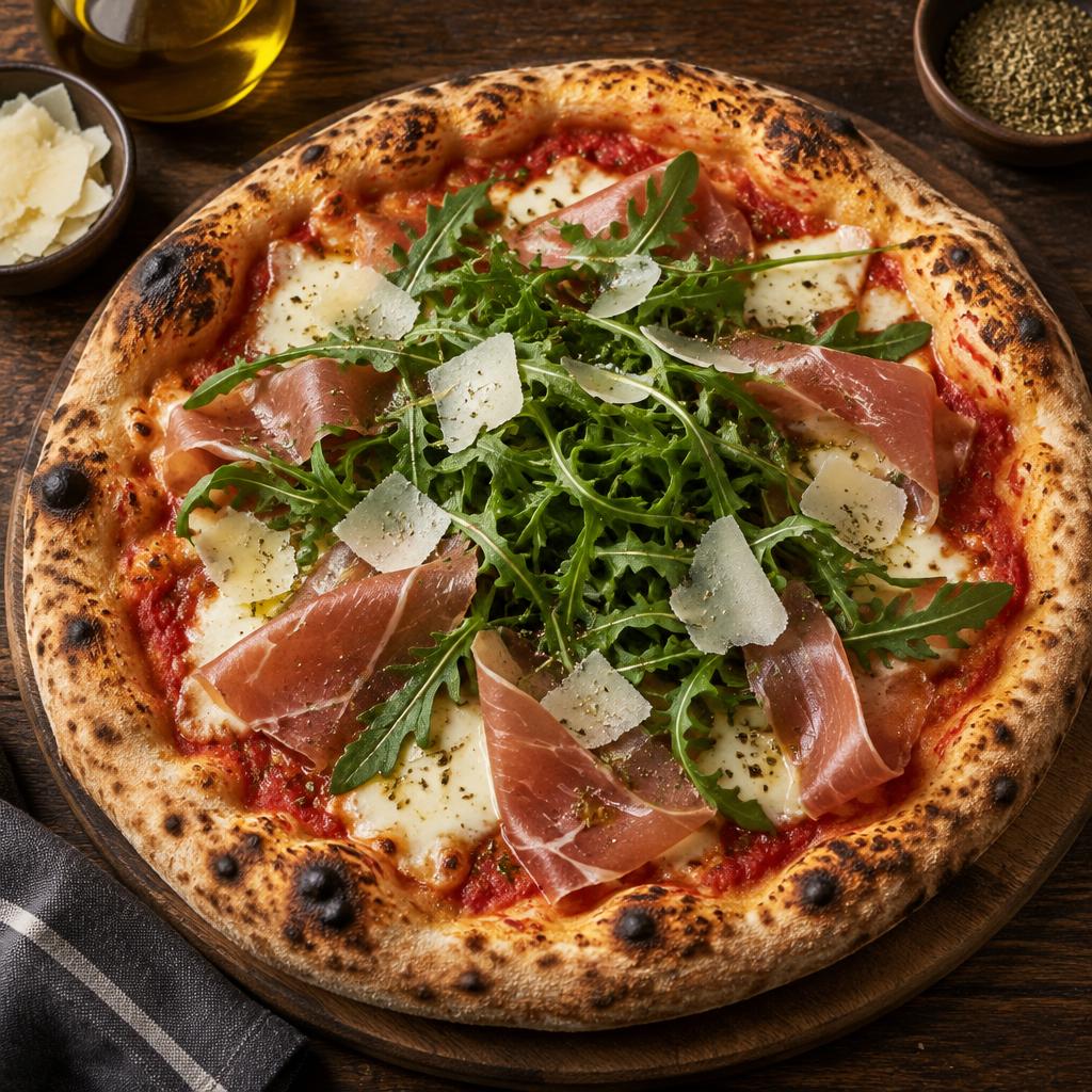Pizza Emiliana extra : tomates, mozzarella, jambon cru, roquette en vinaigrette, grana padano, origan