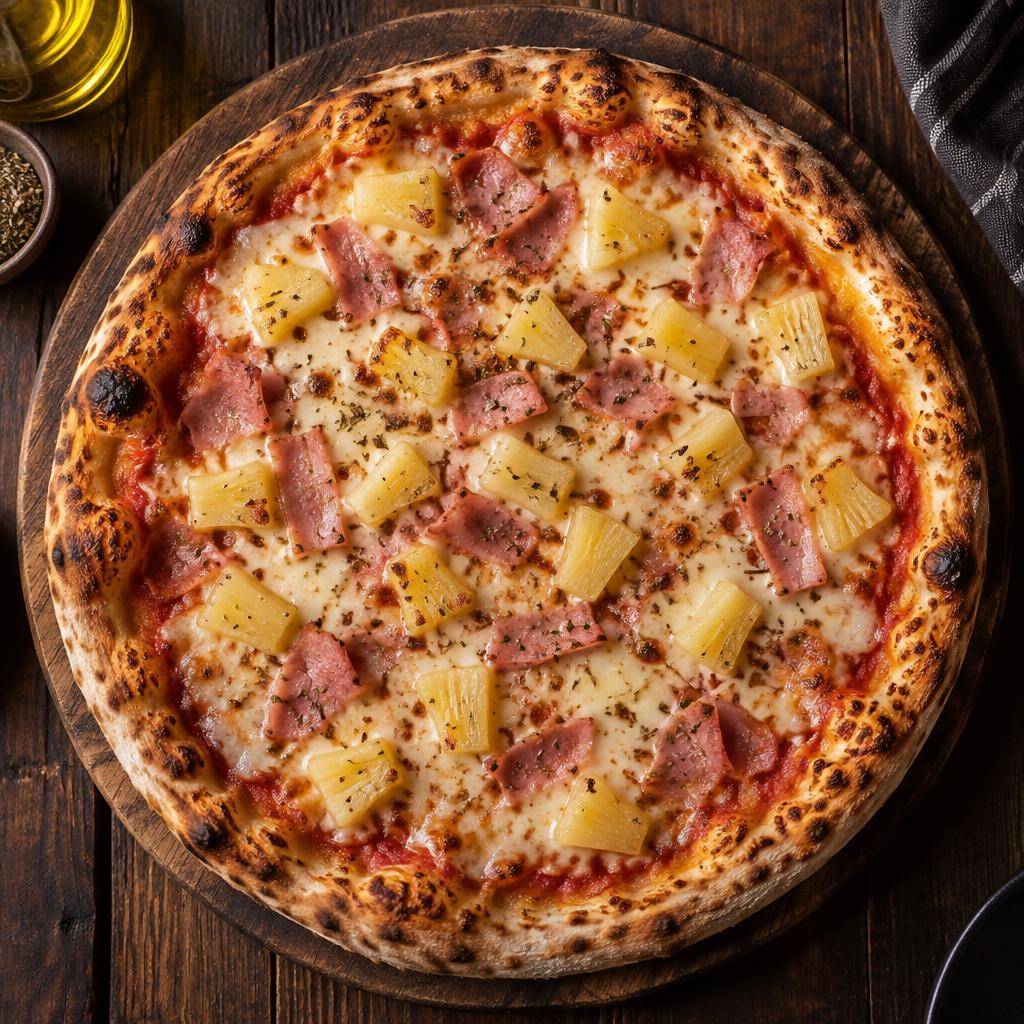Pizza Hawaii : tomates, mozzarella, jambon, ananas, origan