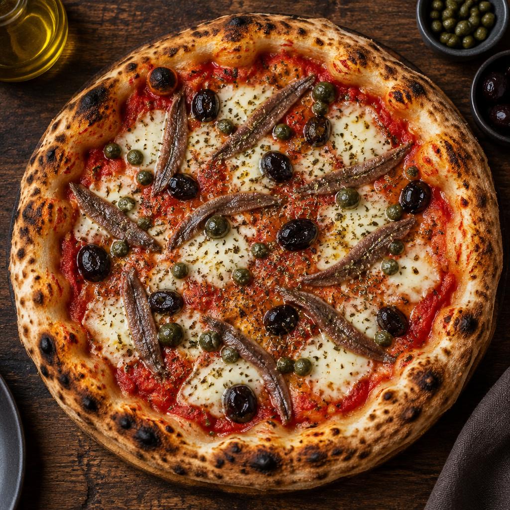 Pizza Napolitaine : tomates, mozzarella, anchois, câpres, olives, origan