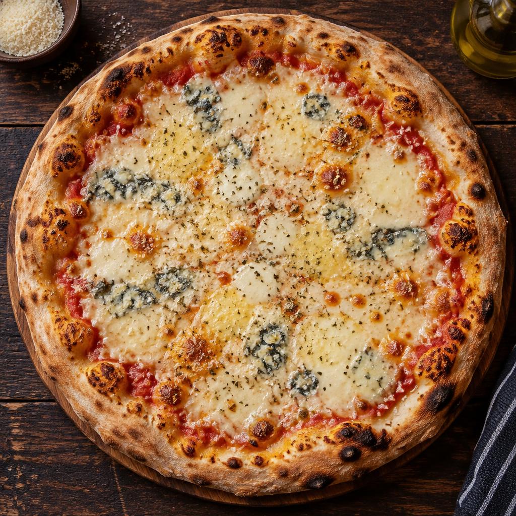 Pizza Quatre fromages : tomates, mozzarella, grana padano, gorgonzola, tomme, origan