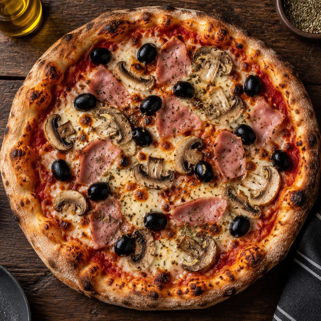Pizza Romaine : tomates, mozzarella, jambon, champignons, olives, origan